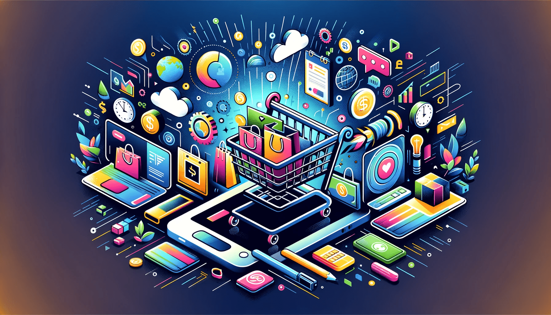 An illustration of a shopping cart surrounded by colorful icons.