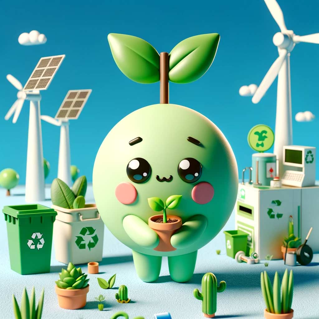 A cartoon character with a plant in front of wind turbines.