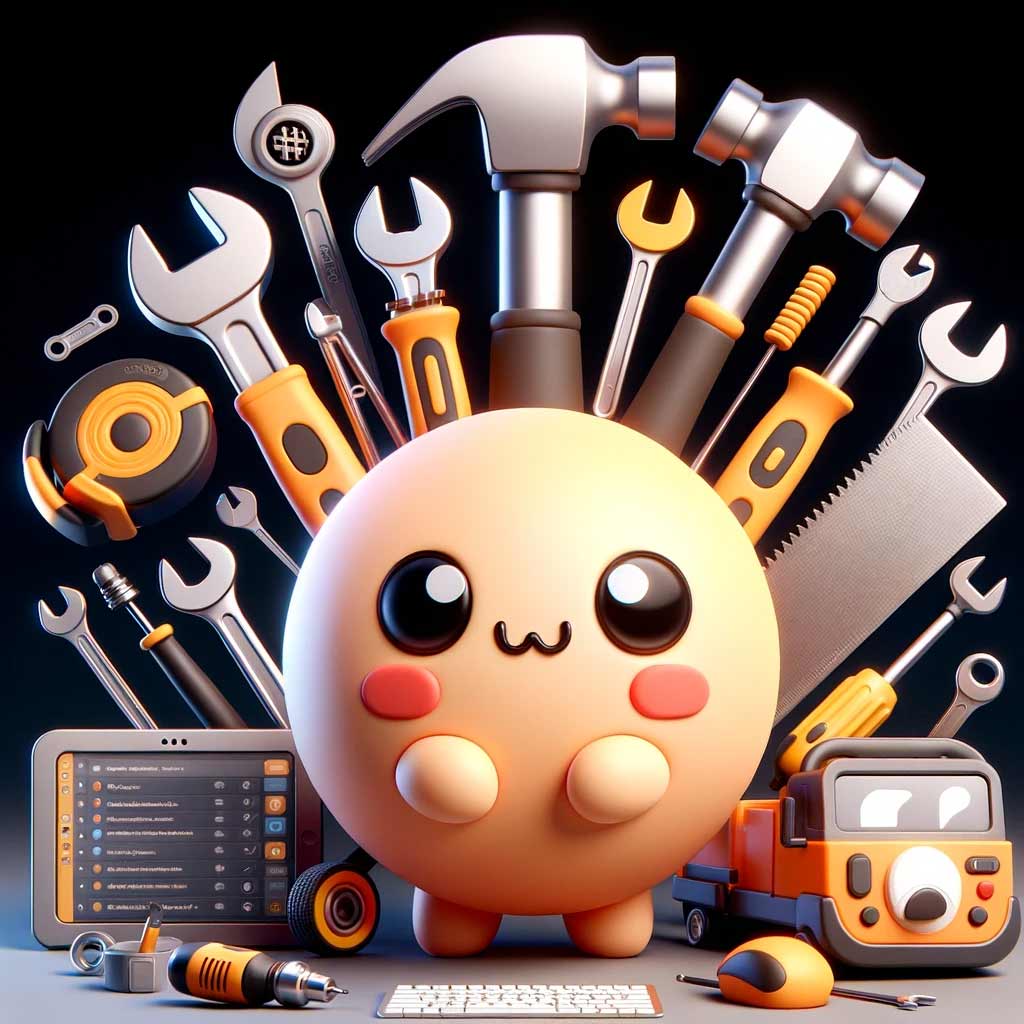 A kawaii character surrounded by a bunch of tools.