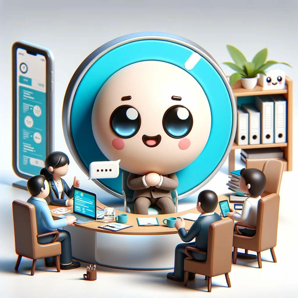 A cartoon character sitting at a table with people around him.