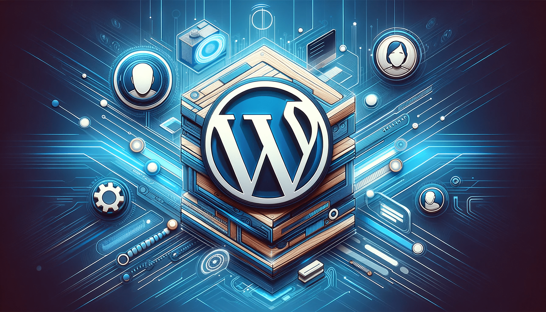 The wordpress logo is surrounded by different icons.